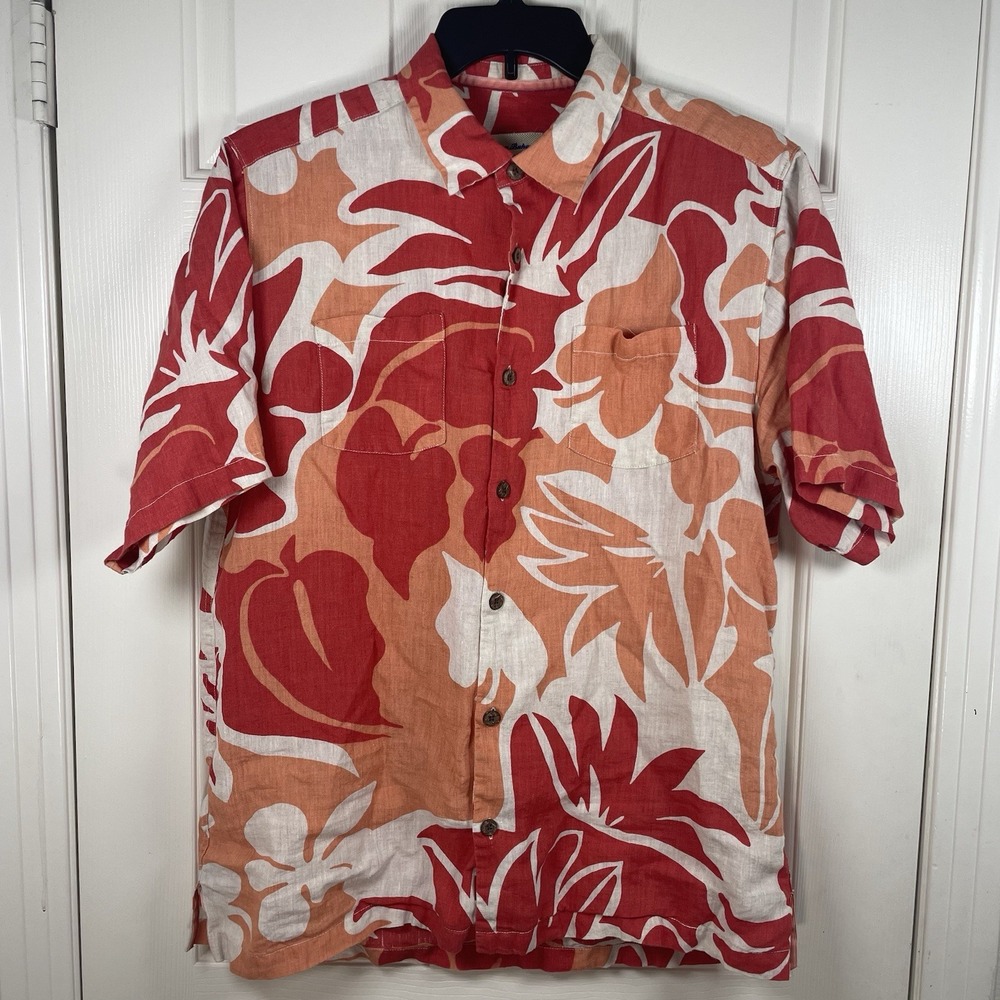 Tommy Bahama Short Sleeve Shirt Men Medium Red Linen Pocket Monstera Leaf EUC - Picture 2 of 6
